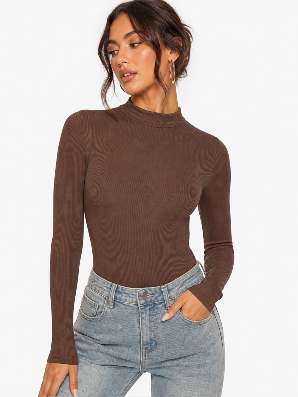 SHEIN Brown Ribbed Mock Neck Long Sleeve Bodysuit Large